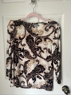 JM Collection Cream and Brown Paisley Long Sleeve Top